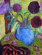Pfingstrosen in blauer Vase, Öl auf Karton, 60x45 cm
